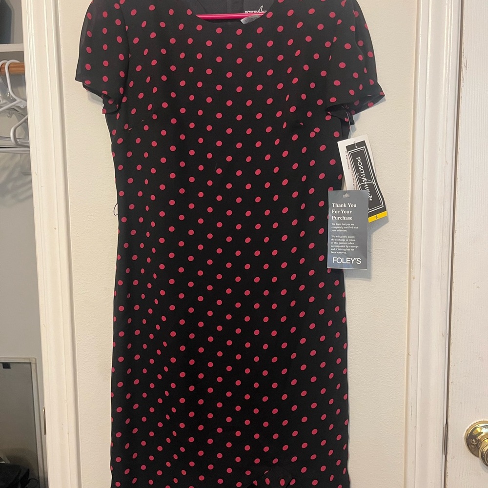 90s Vintage NWT Positive Attitude Black Midi Dress with Pink Polka Dots